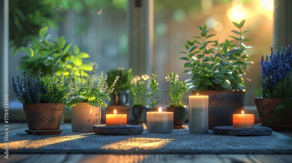 Poster a group of lit candles is placed on a table beside potted plants and in front of a window