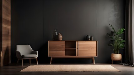 A mockup of a cabinet in the interior of a living room with a dark, empty wall background.