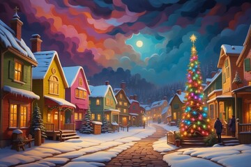Colorful christmas snowy winter village landscape illustration, holiday seasonal theme concept.  