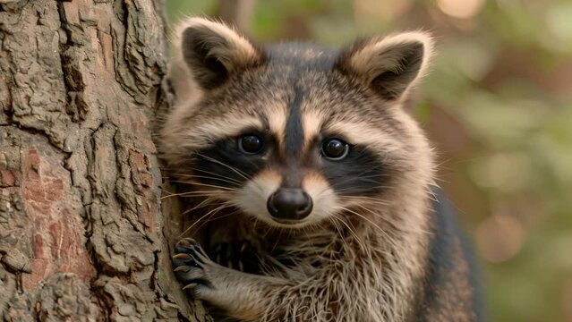 A curious raccoon peeking from behind a tree trunk, eyes gleaming with mischief and curiosity