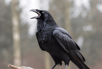 Fototapeta premium Black raven in the forest close-up. Intelligent bird in nature.