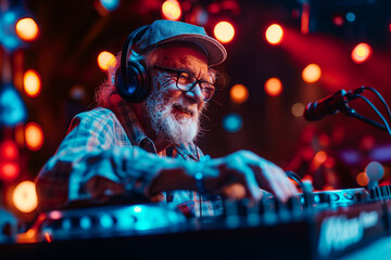 How a senior dj DJ is DJing at a club, He's very bright and happy, and he's wearing headphones
