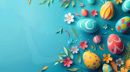 Obraz na płótnie Canvas The image depicts colorful Easter eggs surrounded by vibrant flowers, creating a cheerful and festive atmosphere, reminiscent of the joyful celebration of Easter