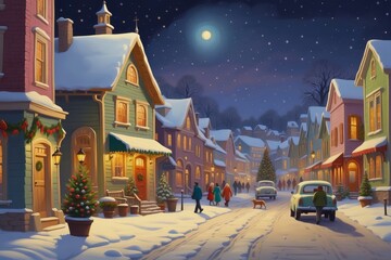 Naklejka premium Colorful christmas snowy winter village landscape illustration, holiday seasonal theme concept. 
