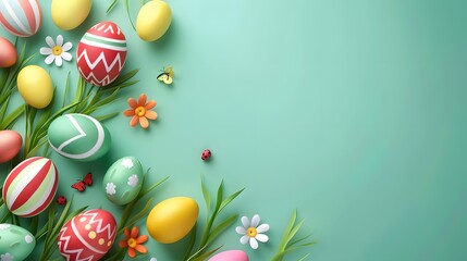 The image depicts colorful Easter eggs surrounded by vibrant flowers, creating a cheerful and festive atmosphere, reminiscent of the joyful celebration of Easter