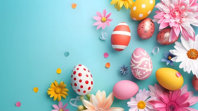 The image depicts colorful Easter eggs surrounded by vibrant flowers, creating a cheerful and festive atmosphere, reminiscent of the joyful celebration of Easter