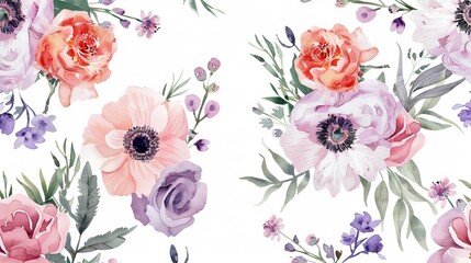 Seamless floral pattern with watercolor hand drawn summer flowers. Illustration. Natural artwork.