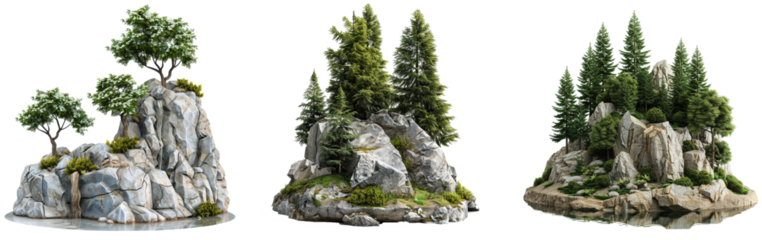 The trees. Mountain on the island and rocks