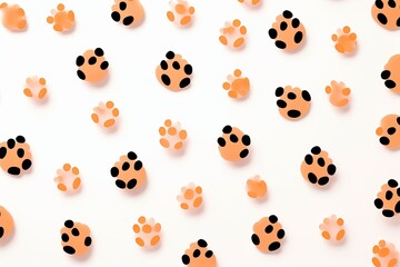 Peach paw prints on a background, minimalist backdrop pattern with copy space for design or photo, animal pet cute surface 