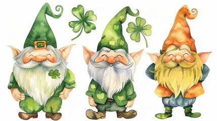 Watercolor illustrations of funny gnomes. Leprechauns on a “Patrick’s Day” greeting card. - obrazy, fototapety, plakaty