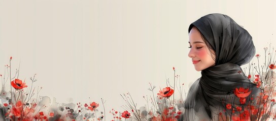 Watercolor illustration of a beautiful woman wearing a hijab with floral decoration on a white background
