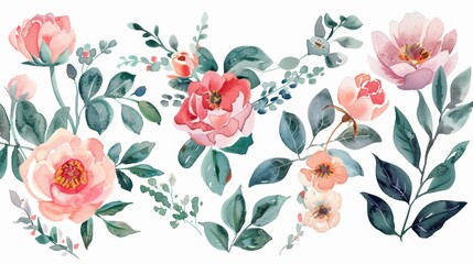 Watercolor illustration of garden flowers in a romantic mood. A collection of flowers, leaves, and leaves in candy shades. - obrazy, fototapety, plakaty