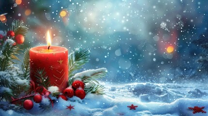 A red Christmas candle burning among snowy Christmas decorations.