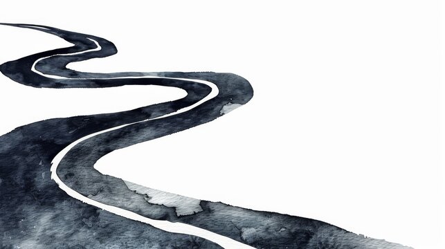 A blank black winding road with a seamless repeatable pattern. Hand painted water color drawing on white background, isolated clip art element for creative design.