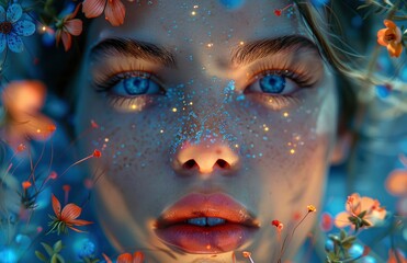 A portrait of an ethereal woman with flowers and colorful paint splashes on her face