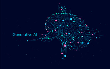 Illustration of abstract stream, AI brain concept. Artificial intelligence. Big data, technology, AI, data transfer, data flow, large language model, generative AI, LLM, NLP. NLG