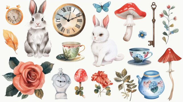 Illustrations of white rabbit, cat, hat, key, clock, tea cup, rose and mushrooms. White background with watercolor white rabbit, cat, hat, key, and clock.