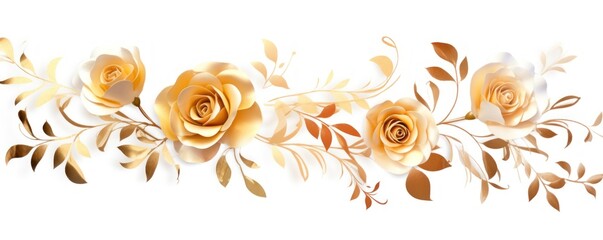 Gold roses watercolor clipart on white background, defined edges floral flower pattern background with copy space for design text or photo backdrop minimalistic - obrazy, fototapety, plakaty