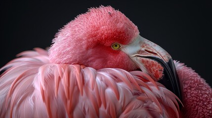   A close-up of a pink and white bird with a long neck and a large yellow beak