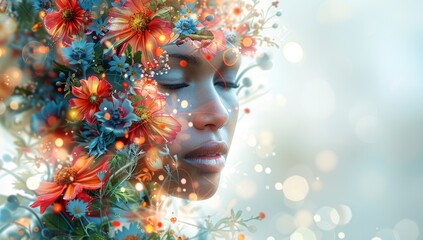 Abstract colorful floral double exposure portrait of beautiful woman with flowers and leaves