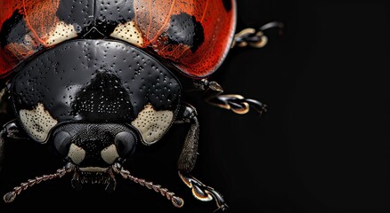 Studio portrait of a ladybug beetle in red close-up, macrophoto, on a black background, lamp spotlight