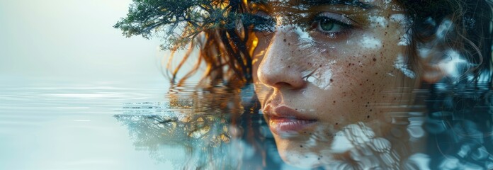 A conceptual double exposure of an island and the profile of a woman's head with trees