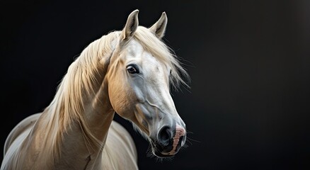 Obraz na płótnie Canvas Studio portrait of a white horse of the Haflinger breed of a young steed on a black background, lamp lighting of a spotlight