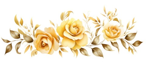 Gold roses watercolor clipart on white background, defined edges floral flower pattern background with copy space for design text or photo backdrop minimalistic - obrazy, fototapety, plakaty