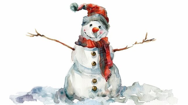 The image depicts a snowman against a white background in watercolor.