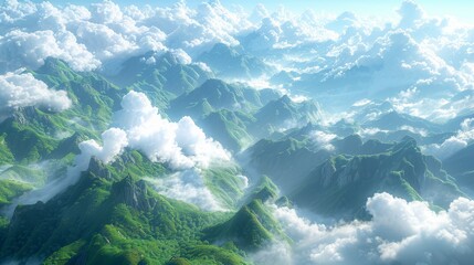  A mountain range with lush greenery and cloudy skies in the foreground, contrasting against a vibrant blue backdrop with fluffy white clouds
