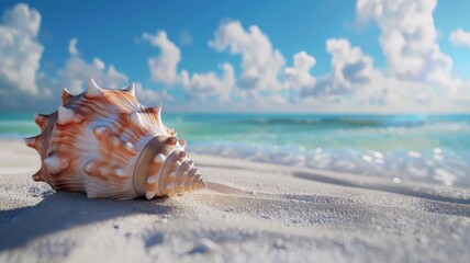 Obraz na płótnie Canvas Conch shell on sand with waves