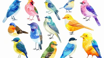 An adorable watercolor set of birds in modern format