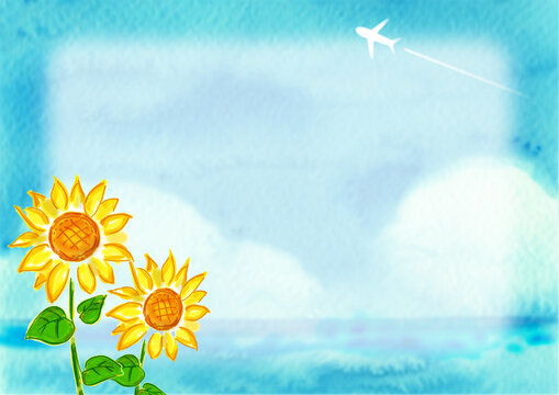向日葵と飛行機雲のある夏っぽい水色の余白のある背景素材