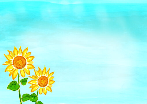 向日葵のある夏っぽい水色の余白のある背景素材