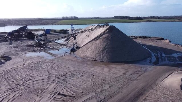 Gravel pit aerial perspective Panoramic landscape excavation lake water, Drone