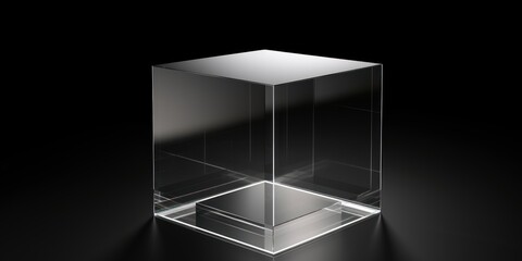 Gray glass cube abstract 3d render, on black background with copy space minimalism design for text or photo backdrop 