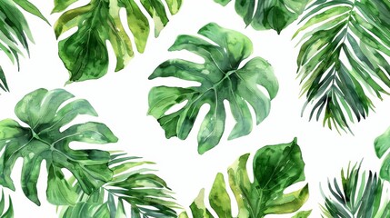 This seamless pattern features watercolor tropical leaves - obrazy, fototapety, plakaty