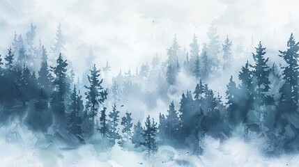 Detailed watercolor background drawing of foggy forest and winter hill. Wild nature in the taiga.
