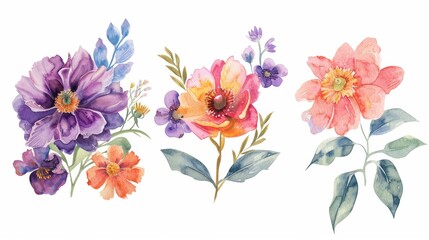 The watercolor flowers set consists of an abstract botanical illustrations bundle isolated on white flowers, suitable for wedding stationery, greeting cards, banners and other print projects. - obrazy, fototapety, plakaty