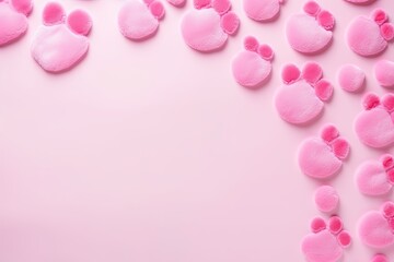 Pink paw prints on a background, minimalist backdrop pattern with copy space for design or photo, animal pet cute surface 