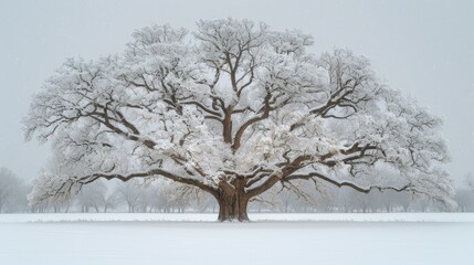   Large tree in snowy field surrounded by trees