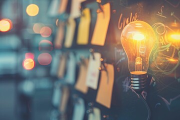 Innovative concept with light bulb on wall covered with notes and sticky notes for brainstorming and generating ideas