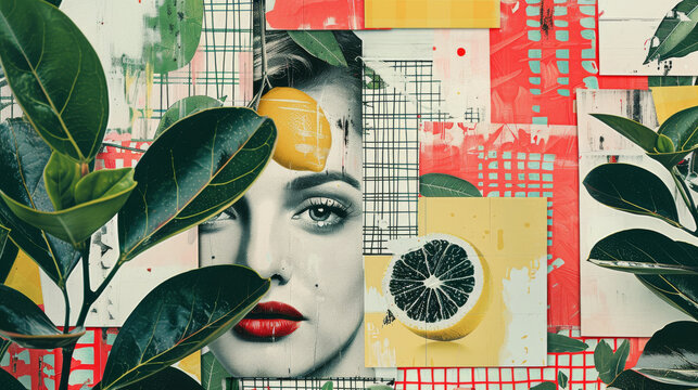 Abstract Citrus Beauty - Woman Portrait, Vintage Collage Art with Lemon Elements