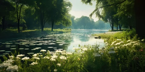 Foto op Canvas Peaceful river scene with water lilies and willow trees © BetterPhoto