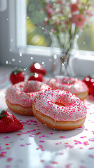 Strawberry Donuts On a white table with colorful paper scattered all over the picture