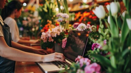 Two individuals employed at a flower shop are seen using a laptop and tending to the flowers by
