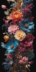 explosion of vivid flowers blooms boldly against a dark, mysterious background, creating a striking visual contrast