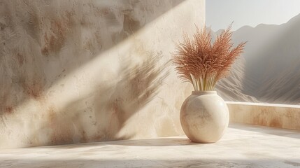   A white vase with a plant inside, perched on a ledge in front of majestic mountains - obrazy, fototapety, plakaty