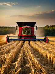 Naklejka premium A combine harvester in the field harvests wheat. Harvest festival, autumn field cleaning, grain crops