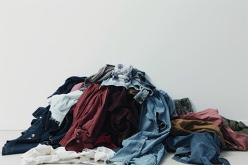 Messy pile of clothes on floor in front of white wall in room, cluttered and disorganized laundry stack concept